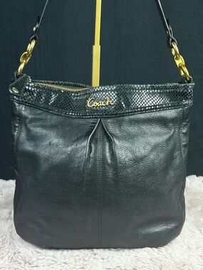 COACH Ashley Black Leather Hippie Shoulder Bag F20114 Snake Trim EUC